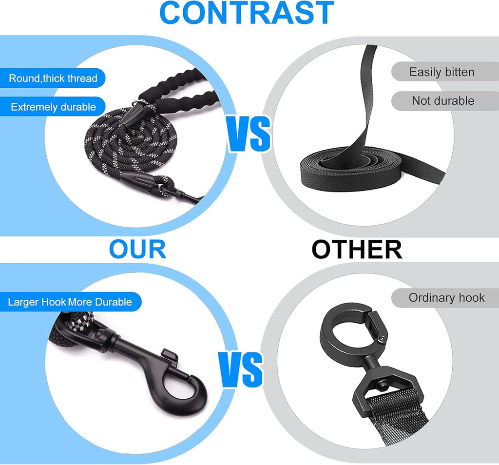 Reflective Rope Dog Leash 5 FT / 6 FT Non Slip with Padded Handle for Small Medium Large Dogs - 5FT Black