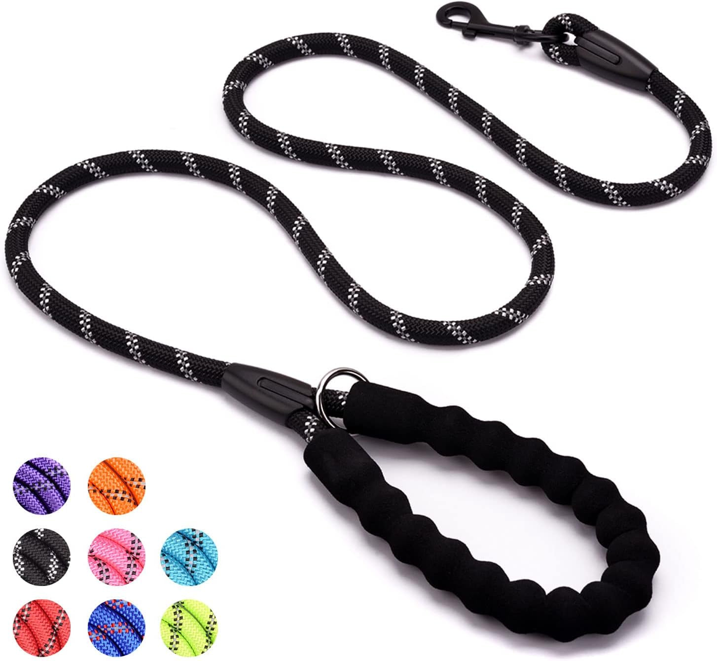Reflective Rope Dog Leash 5 FT / 6 FT Non Slip with Padded Handle for Small Medium Large Dogs - 5FT Black