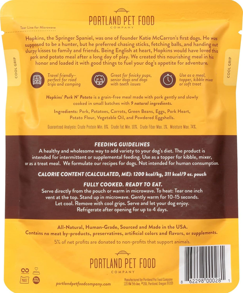 Portland Pet Food Company Hopkin'S Pork 'N' Potato All Natural Dog Food, Fully Cooked Microwavable Meal Pouches, Grain & Gluten-Free, USA Made, 4 Pack (4 X 9Oz)