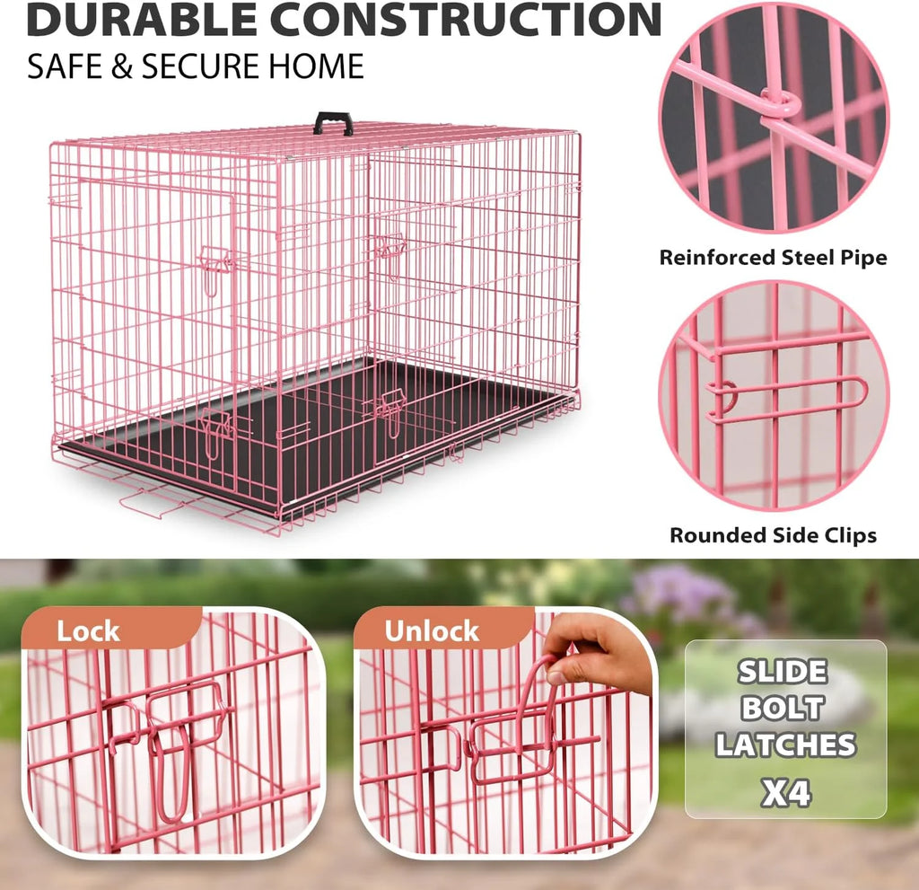 Large Dog Crate, 30" Pink, Metal Wire, Double Door, Folding, with Plastic Tray & Handle