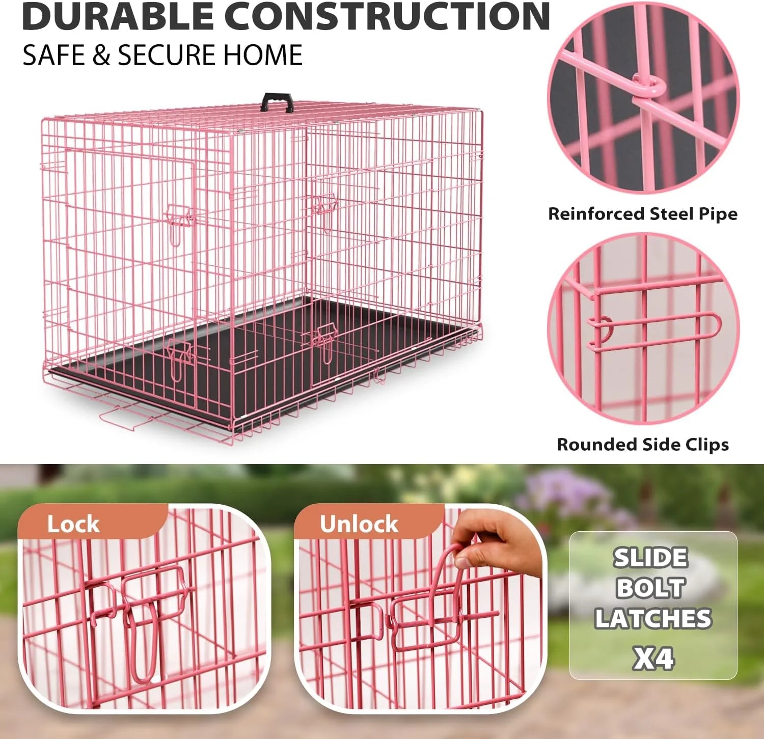 Large Dog Crate, 30" Pink, Metal Wire, Double Door, Folding, with Plastic Tray & Handle