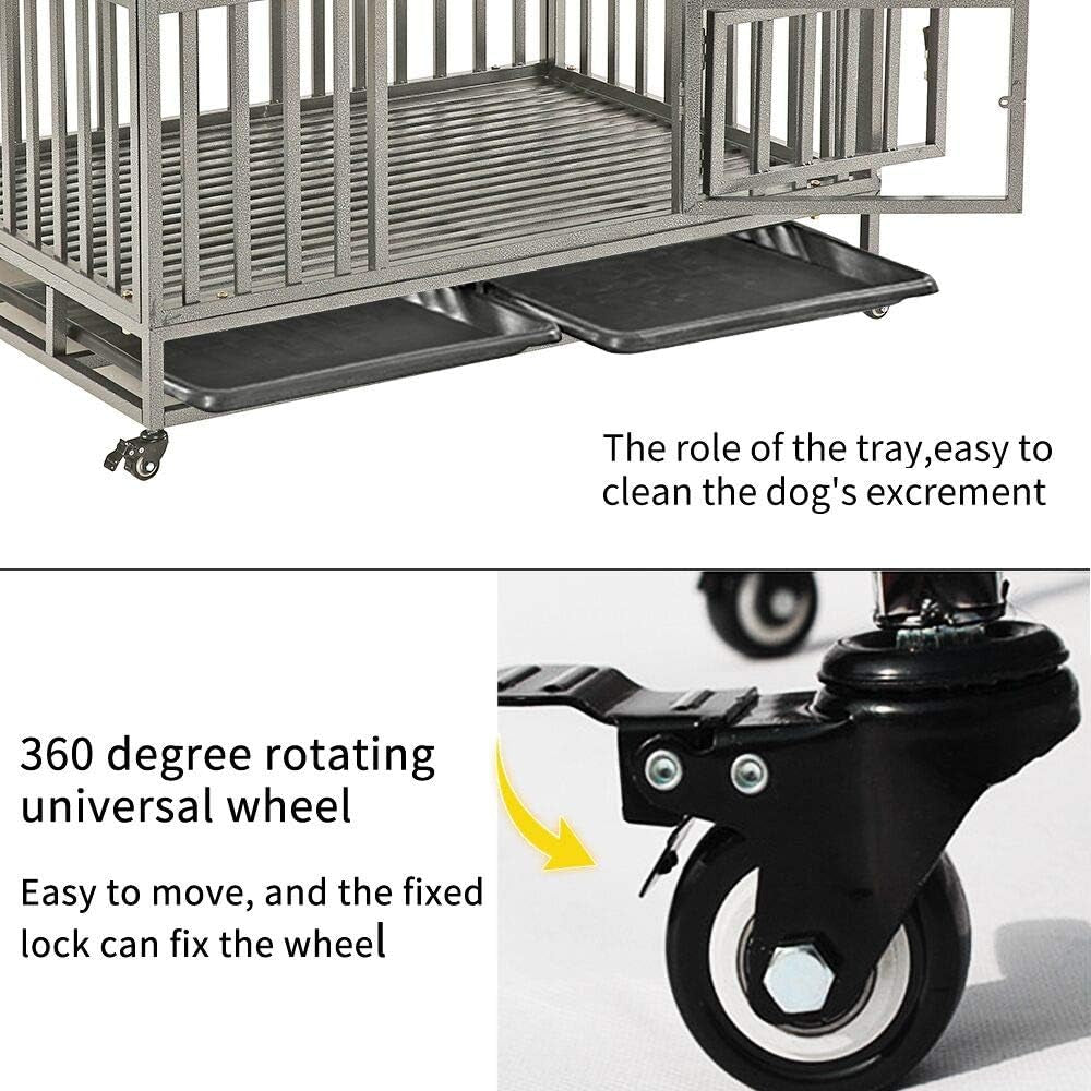 46" Heavy Duty Dog Crate Ultra-High Hardness Enhanced Steel Pet Kennel Playpen with Two Prevent Escape Lock, Large Dogs Cage with Four Wheels, Upgraded, Black