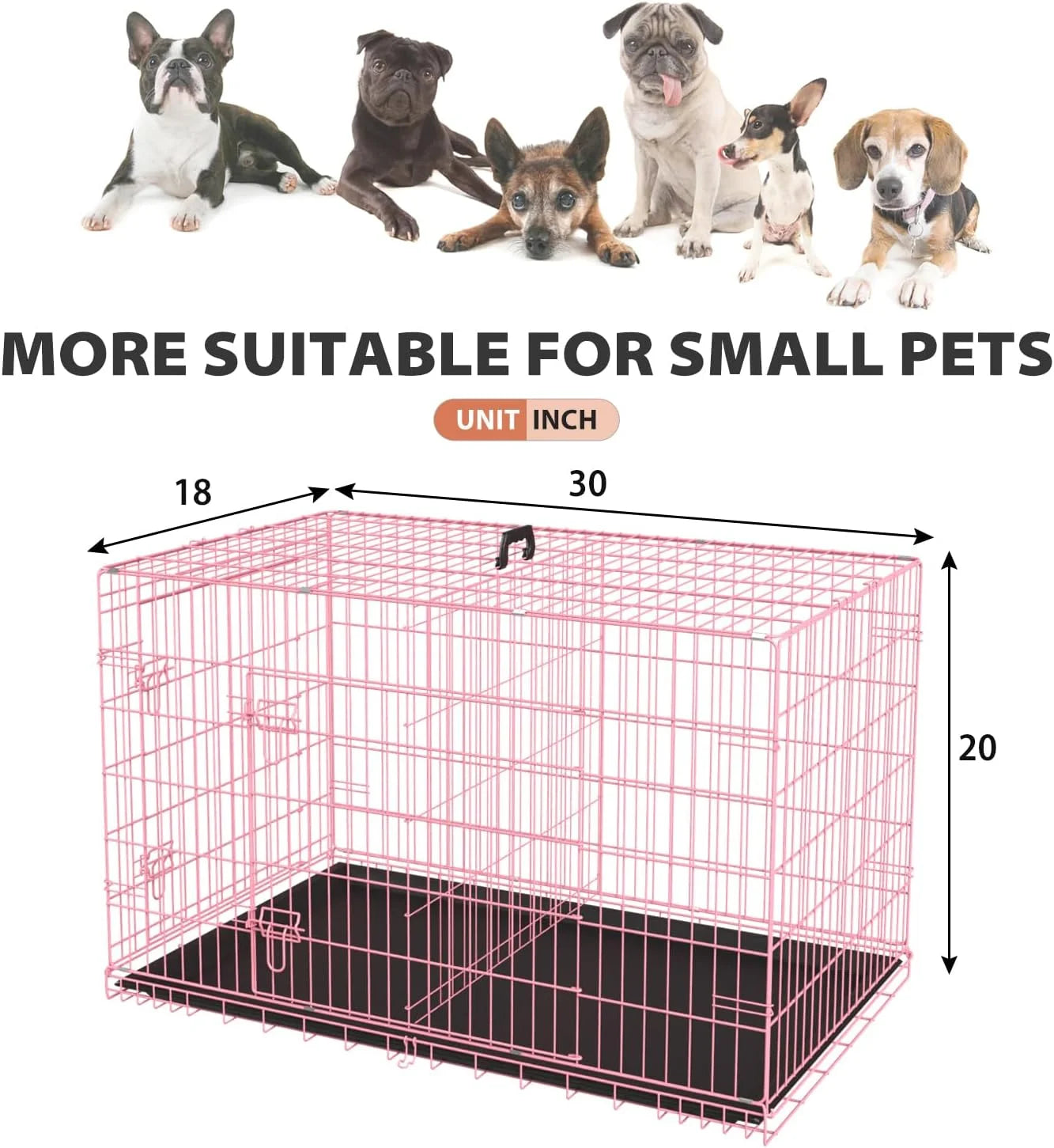 Large Dog Crate, 30" Pink, Metal Wire, Double Door, Folding, with Plastic Tray & Handle