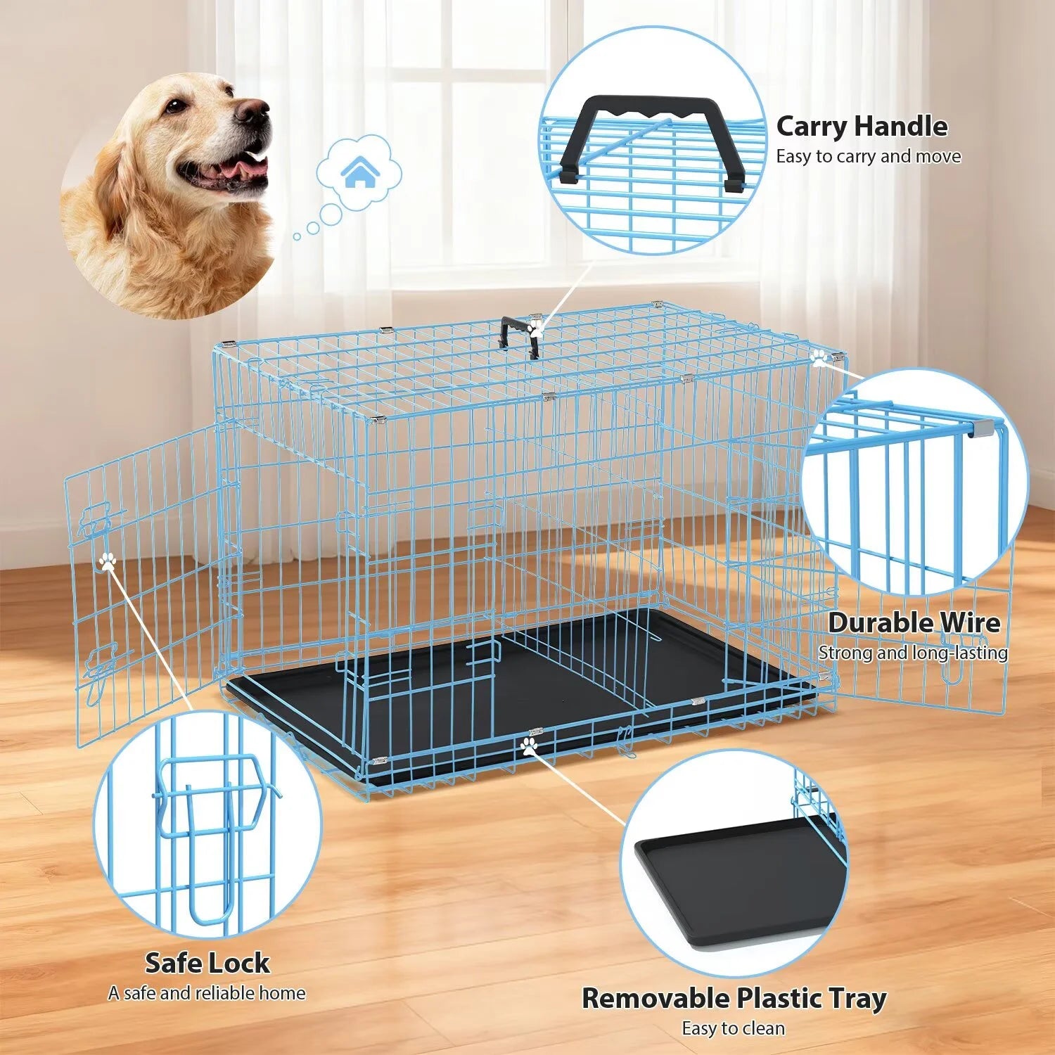 Durable Wire Dog Crate, Folding Metal Dog Kennel Double Door Dog Cage with Plastic Tray, Pet Crate for Large Dog Indoor Outdoor Travel (Blue, 36 Inch)