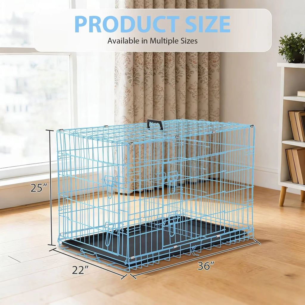 Durable Wire Dog Crate, Folding Metal Dog Kennel Double Door Dog Cage with Plastic Tray, Pet Crate for Large Dog Indoor Outdoor Travel (Blue, 36 Inch)