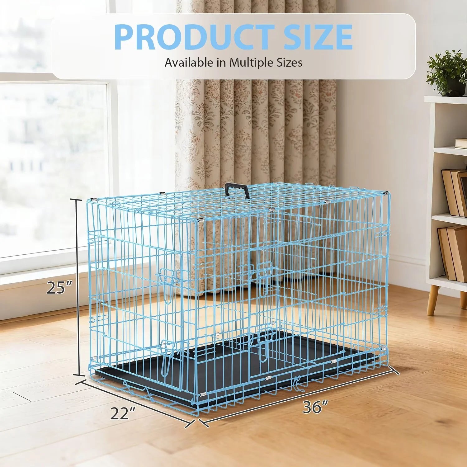 Durable Wire Dog Crate, Folding Metal Dog Kennel Double Door Dog Cage with Plastic Tray, Pet Crate for Large Dog Indoor Outdoor Travel (Blue, 36 Inch)