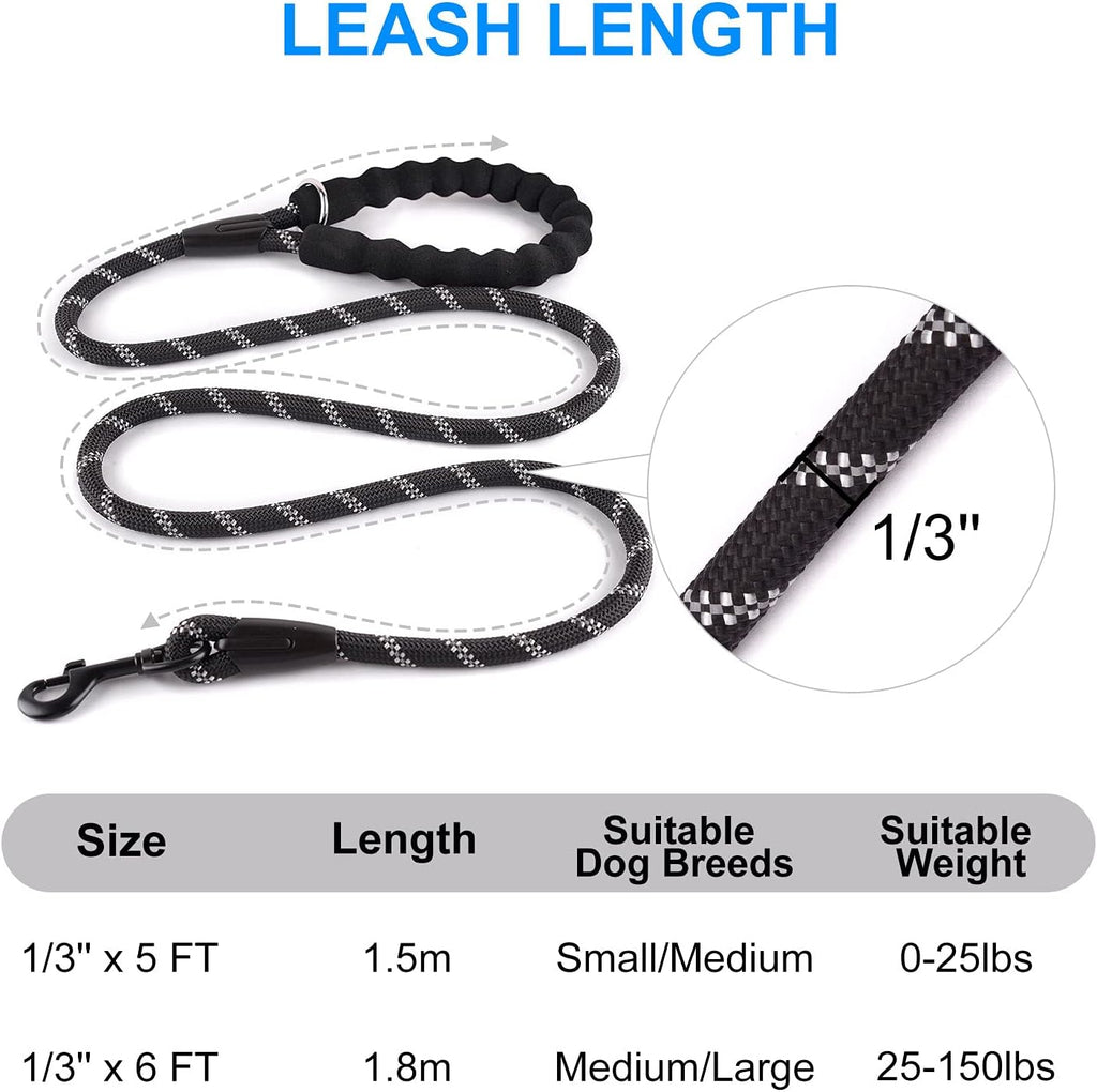 Reflective Rope Dog Leash 5 FT / 6 FT Non Slip with Padded Handle for Small Medium Large Dogs - 5FT Black