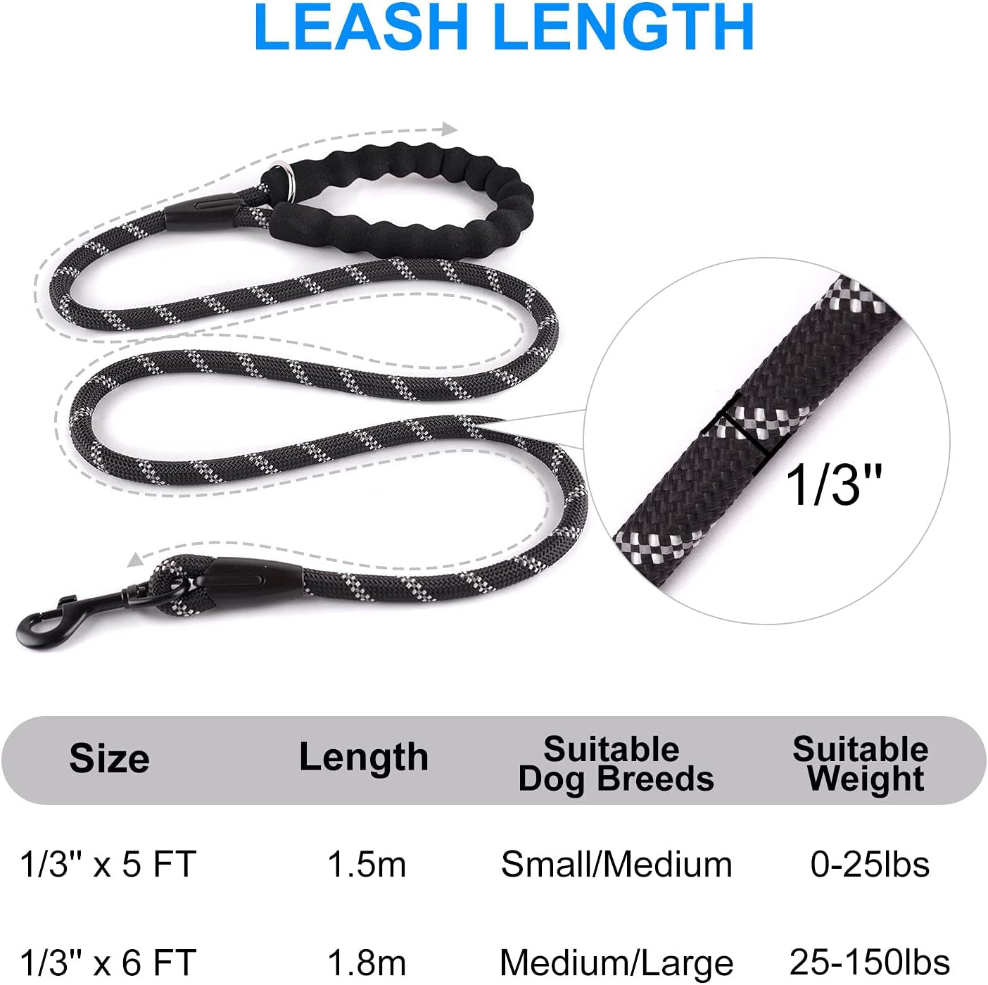 Reflective Rope Dog Leash 5 FT / 6 FT Non Slip with Padded Handle for Small Medium Large Dogs - 5FT Black