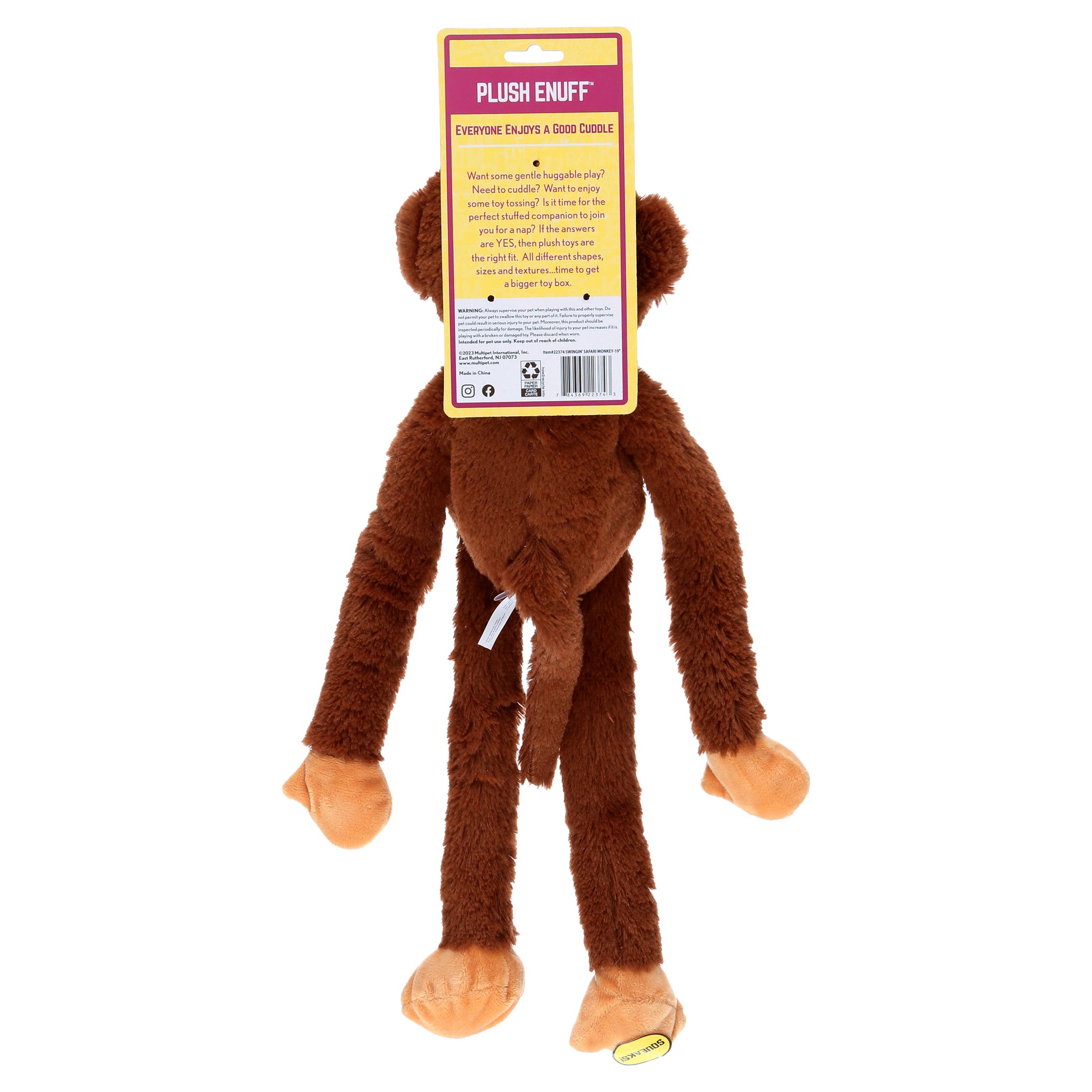 Swingin' Safari Plush Monkey Dog Toy with Squeakers, 19 Inches