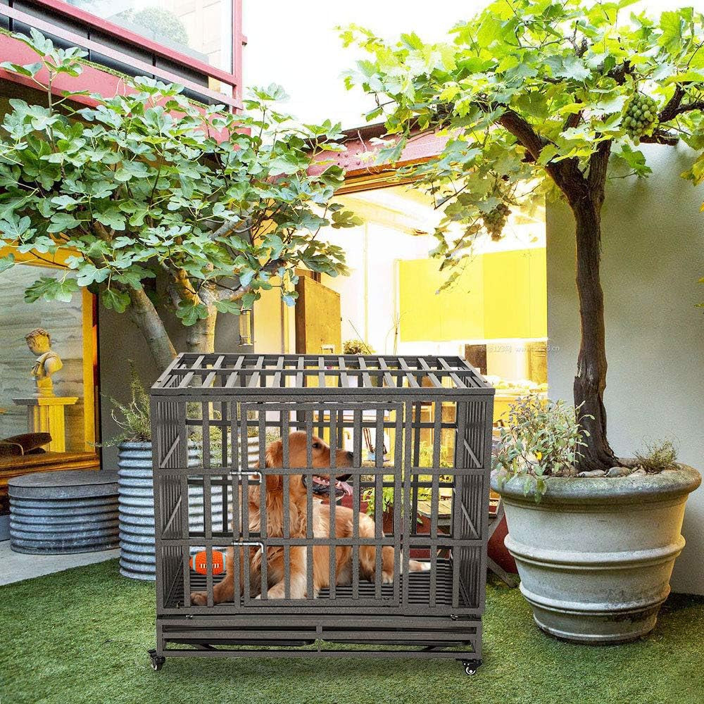 46" Heavy Duty Dog Crate Ultra-High Hardness Enhanced Steel Pet Kennel Playpen with Two Prevent Escape Lock, Large Dogs Cage with Four Wheels, Upgraded, Black