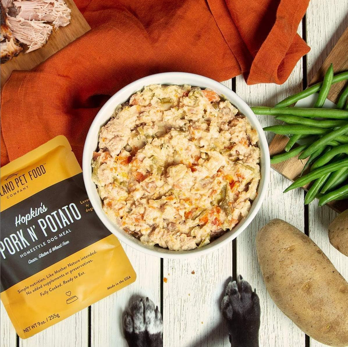 Portland Pet Food Company Hopkin'S Pork 'N' Potato All Natural Dog Food, Fully Cooked Microwavable Meal Pouches, Grain & Gluten-Free, USA Made, 4 Pack (4 X 9Oz)