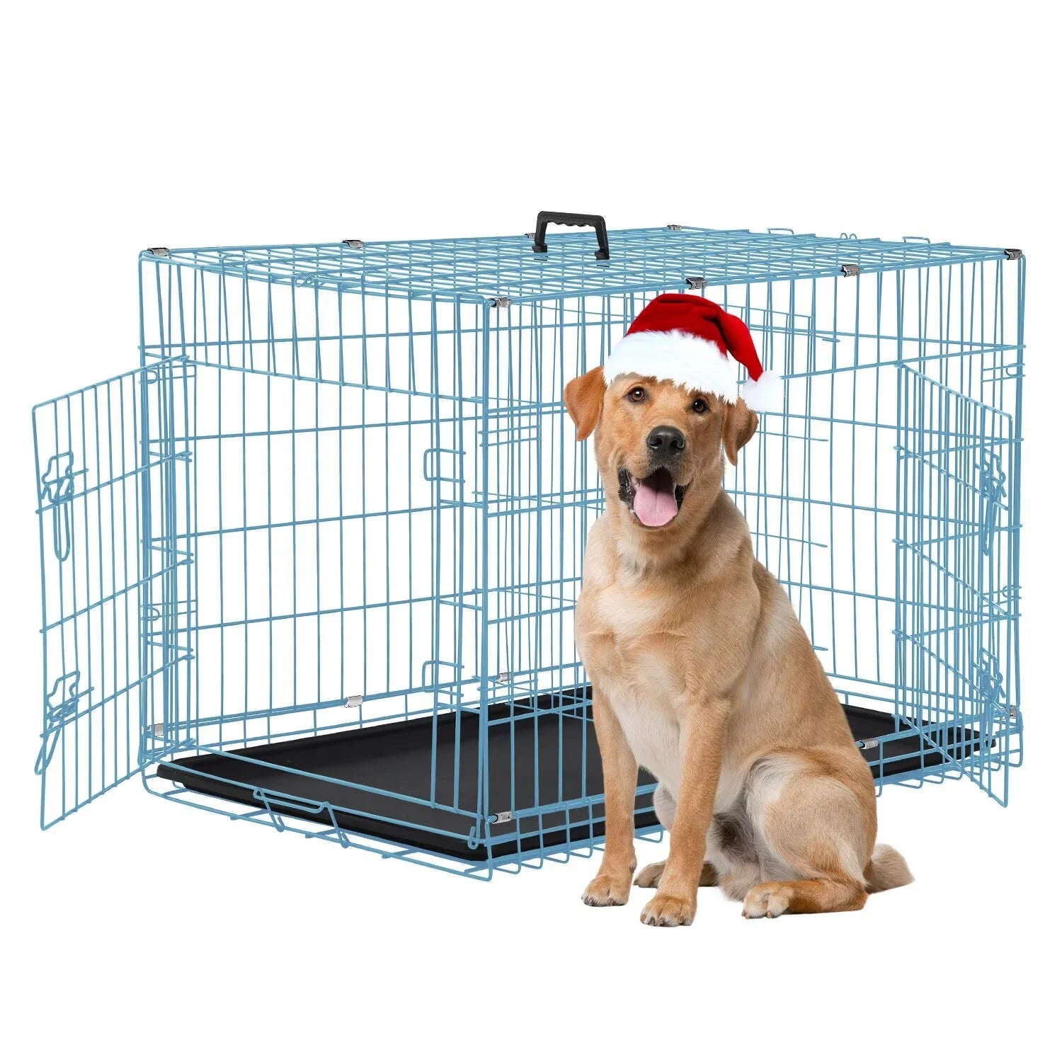 Durable Wire Dog Crate, Folding Metal Dog Kennel Double Door Dog Cage with Plastic Tray, Pet Crate for Large Dog Indoor Outdoor Travel (Blue, 36 Inch)