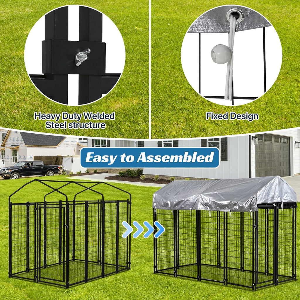 Large Dog Kennel Outdoor 8'L X 4'W X 6'H, Extra Large Welded Wire Pet Cage Playpen with UV Protection Waterproof Roof Heavy Duty Galvanized Metal Dog Run Enclosure for Outside