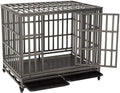 46" Heavy Duty Dog Crate Ultra-High Hardness Enhanced Steel Pet Kennel Playpen with Two Prevent Escape Lock, Large Dogs Cage with Four Wheels, Upgraded, Black