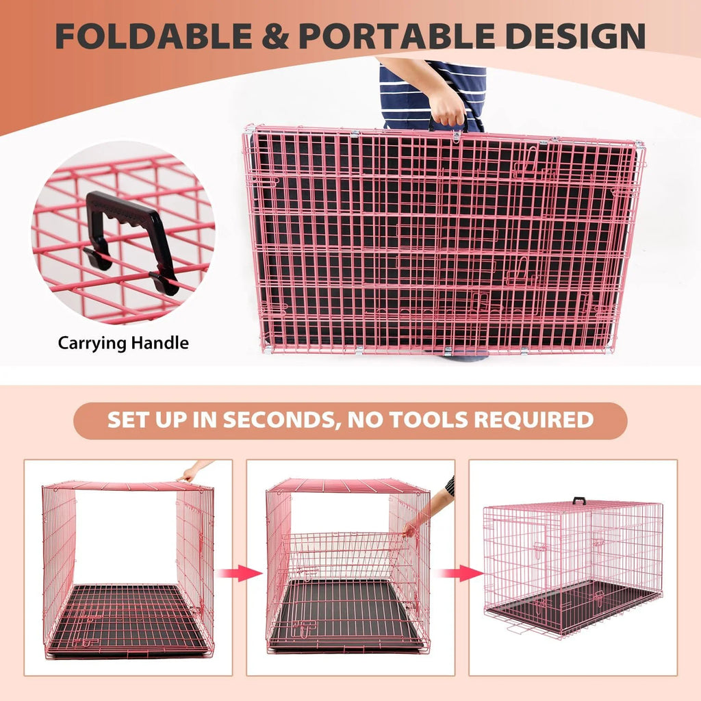 Large Dog Crate, 30" Pink, Metal Wire, Double Door, Folding, with Plastic Tray & Handle