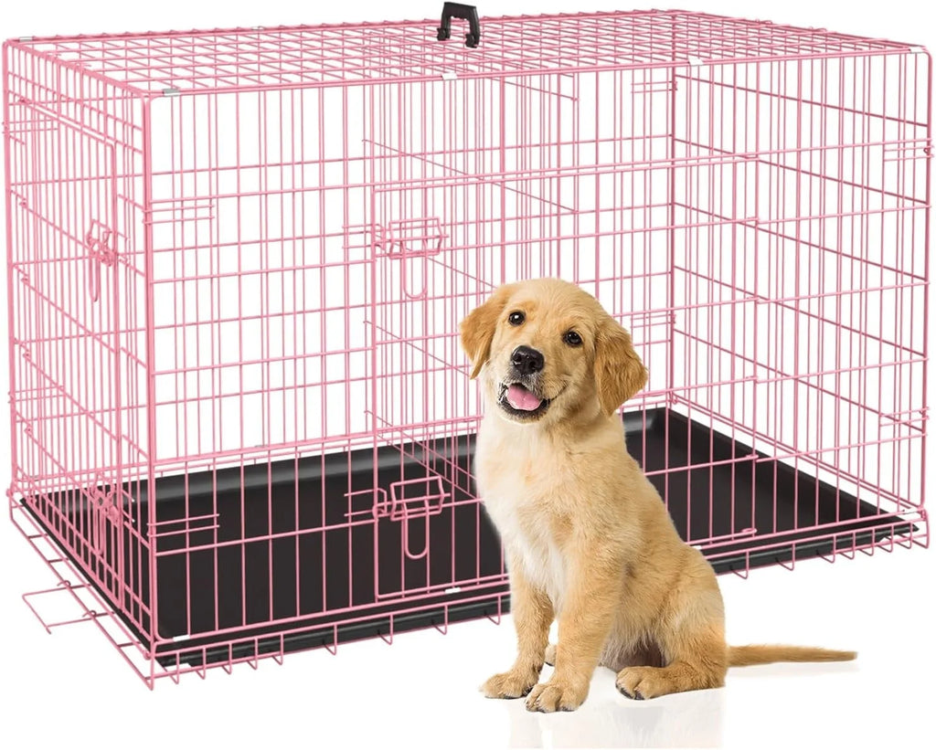 Large Dog Crate, 30" Pink, Metal Wire, Double Door, Folding, with Plastic Tray & Handle