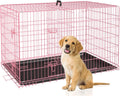 Large Dog Crate, 30" Pink, Metal Wire, Double Door, Folding, with Plastic Tray & Handle