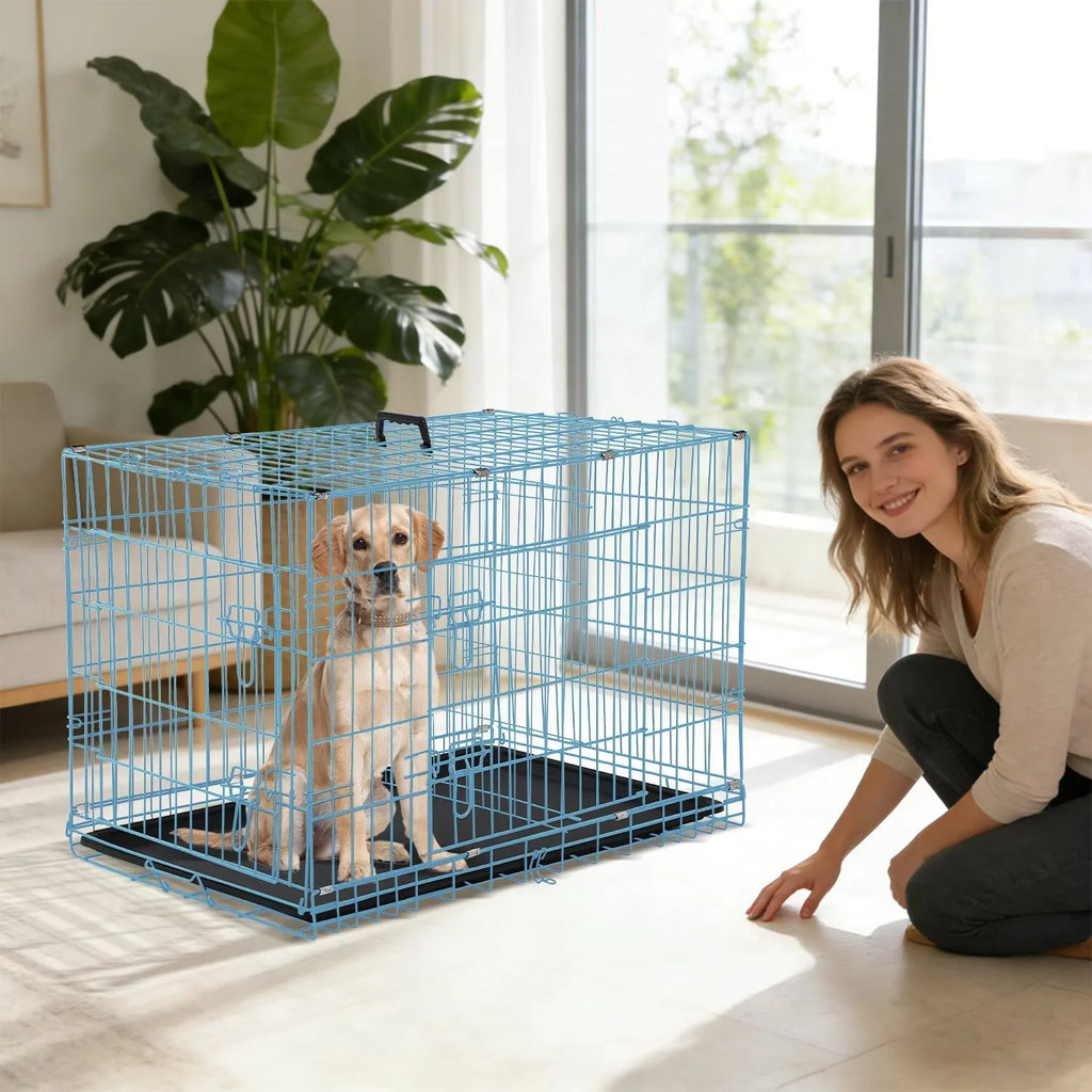 Durable Wire Dog Crate, Folding Metal Dog Kennel Double Door Dog Cage with Plastic Tray, Pet Crate for Large Dog Indoor Outdoor Travel (Blue, 36 Inch)