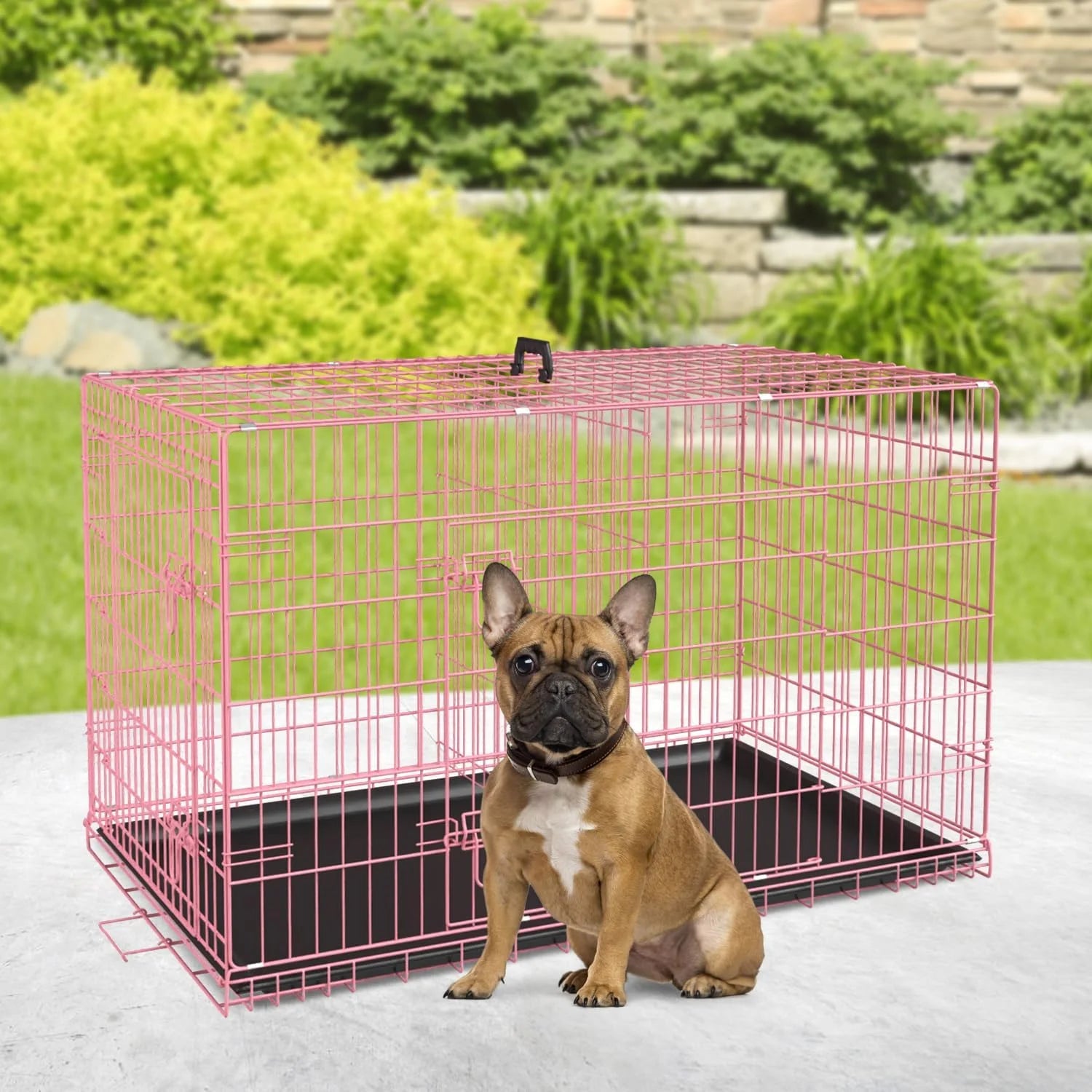 Large Dog Crate, 30" Pink, Metal Wire, Double Door, Folding, with Plastic Tray & Handle