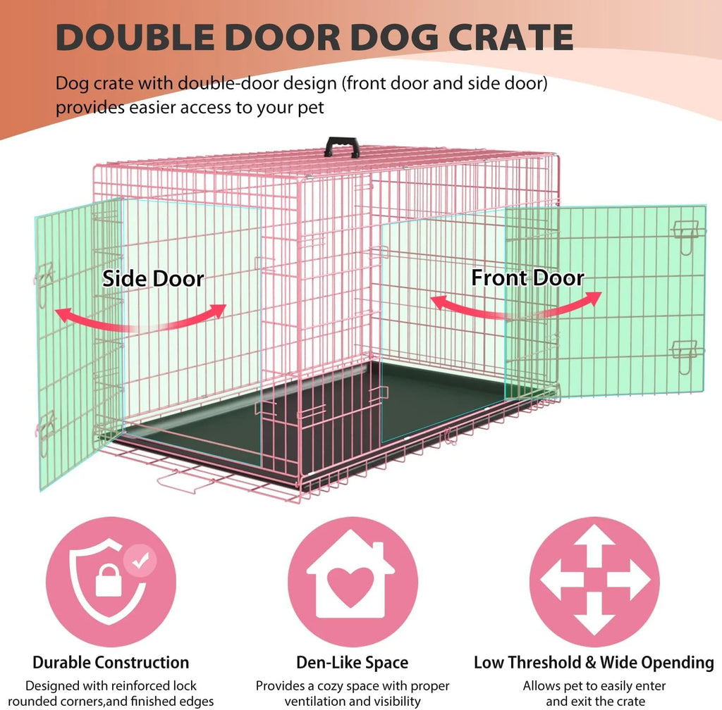Large Dog Crate, 30" Pink, Metal Wire, Double Door, Folding, with Plastic Tray & Handle