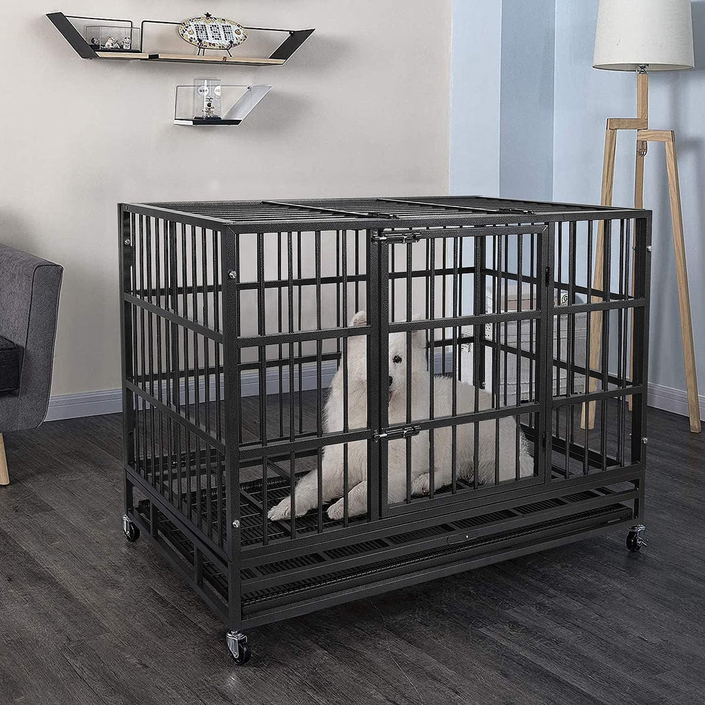 42 Inch Heavy Duty Dog Crate Cage with Wheels for Indoor, Large Dog Kennel with Removable Tray
