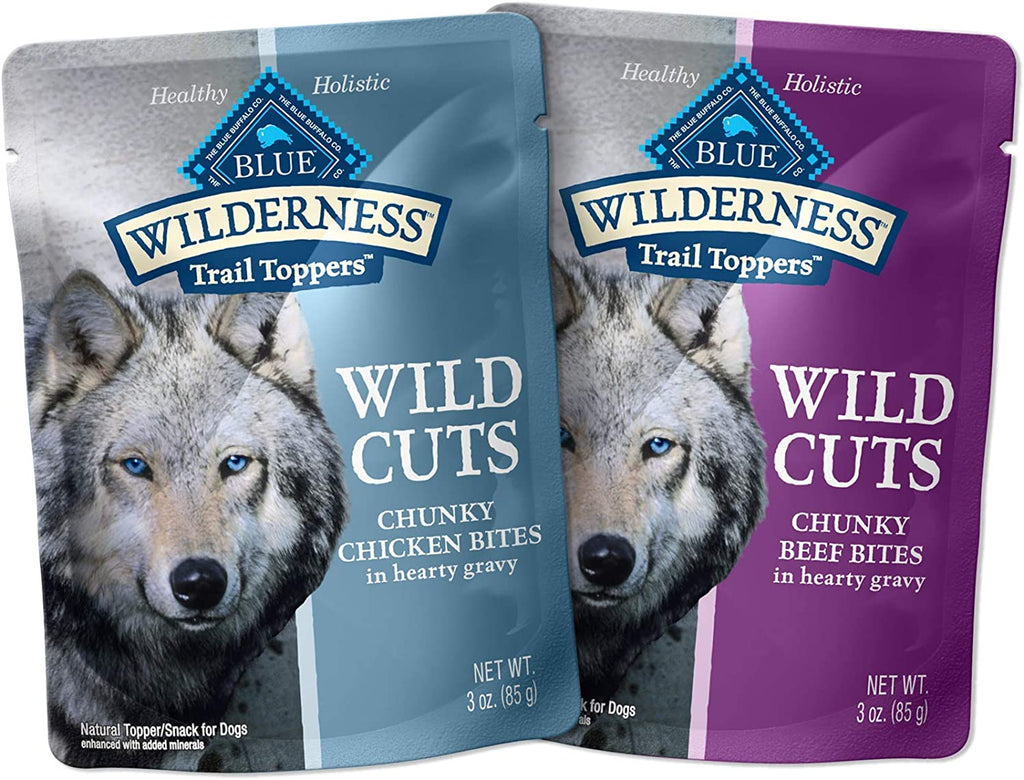 Wilderness Trail Toppers Wild Cuts High Protein, Natural Wet Dog Food, Chicken and Beef Bites, 3-Oz Pouch, (48 Count- 24 of Each Flavor)