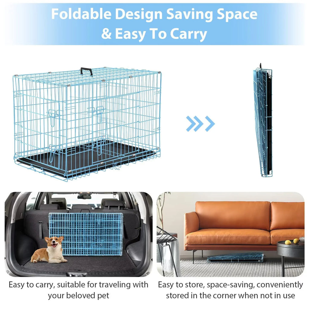 Durable Wire Dog Crate, Folding Metal Dog Kennel Double Door Dog Cage with Plastic Tray, Pet Crate for Large Dog Indoor Outdoor Travel (Blue, 36 Inch)