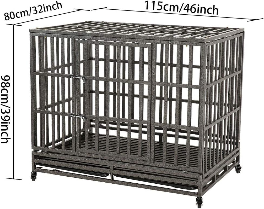 46" Heavy Duty Dog Crate Ultra-High Hardness Enhanced Steel Pet Kennel Playpen with Two Prevent Escape Lock, Large Dogs Cage with Four Wheels, Upgraded, Black