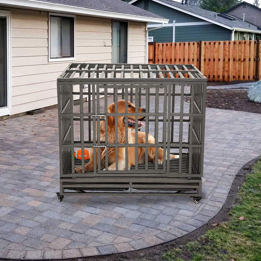 46" Heavy Duty Dog Crate Ultra-High Hardness Enhanced Steel Pet Kennel Playpen with Two Prevent Escape Lock, Large Dogs Cage with Four Wheels, Upgraded, Black