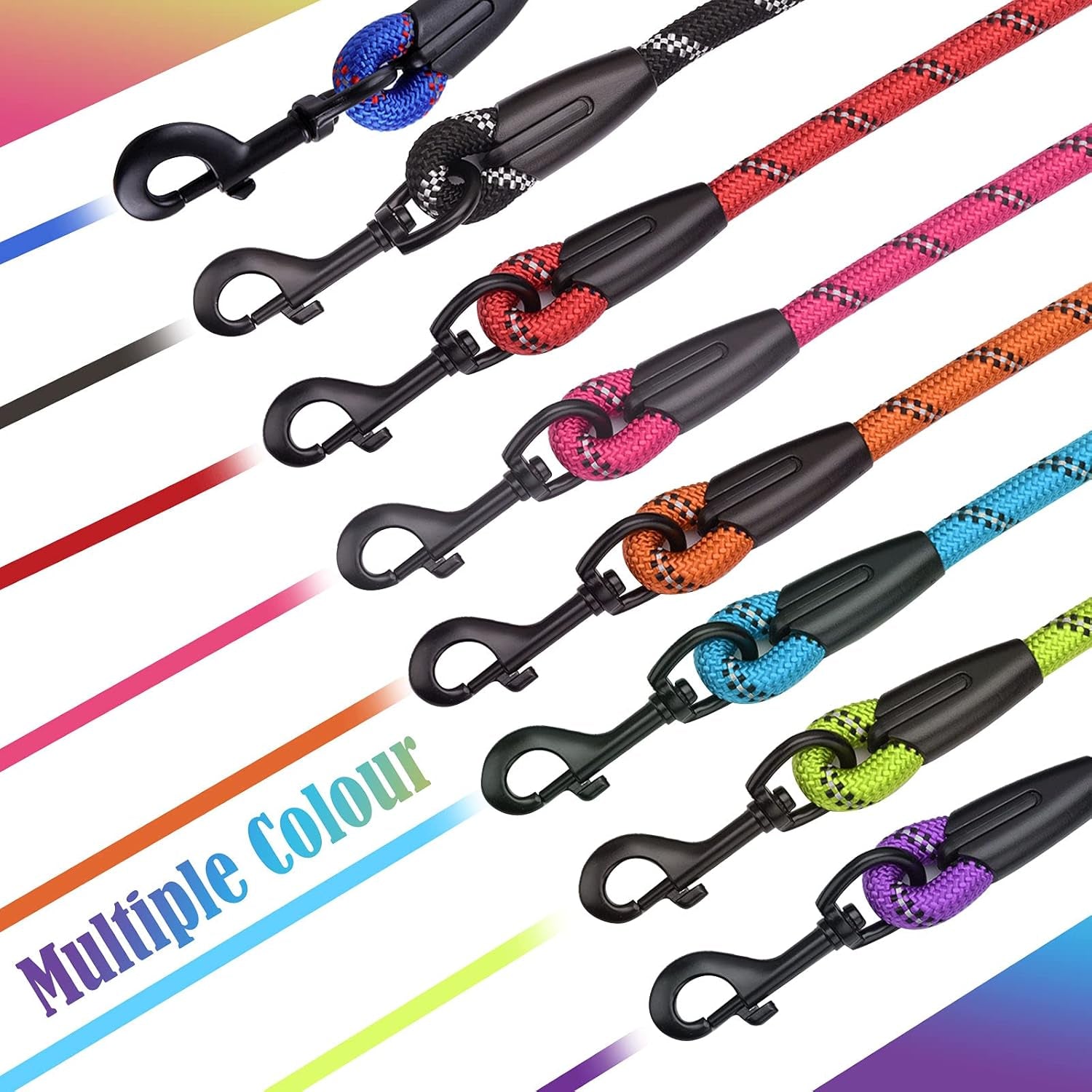 Reflective Rope Dog Leash 5 FT / 6 FT Non Slip with Padded Handle for Small Medium Large Dogs - 5FT Black