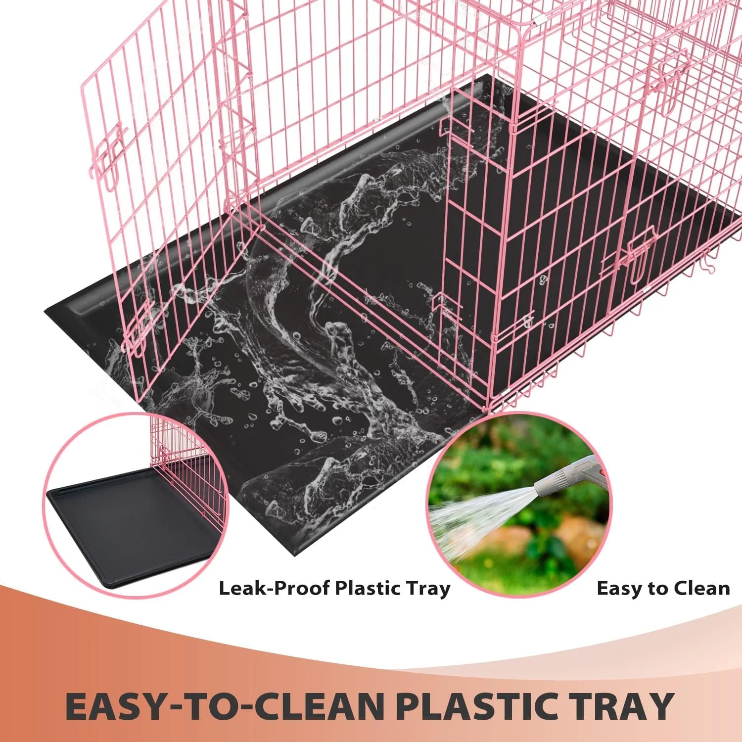 Large Dog Crate, 30" Pink, Metal Wire, Double Door, Folding, with Plastic Tray & Handle