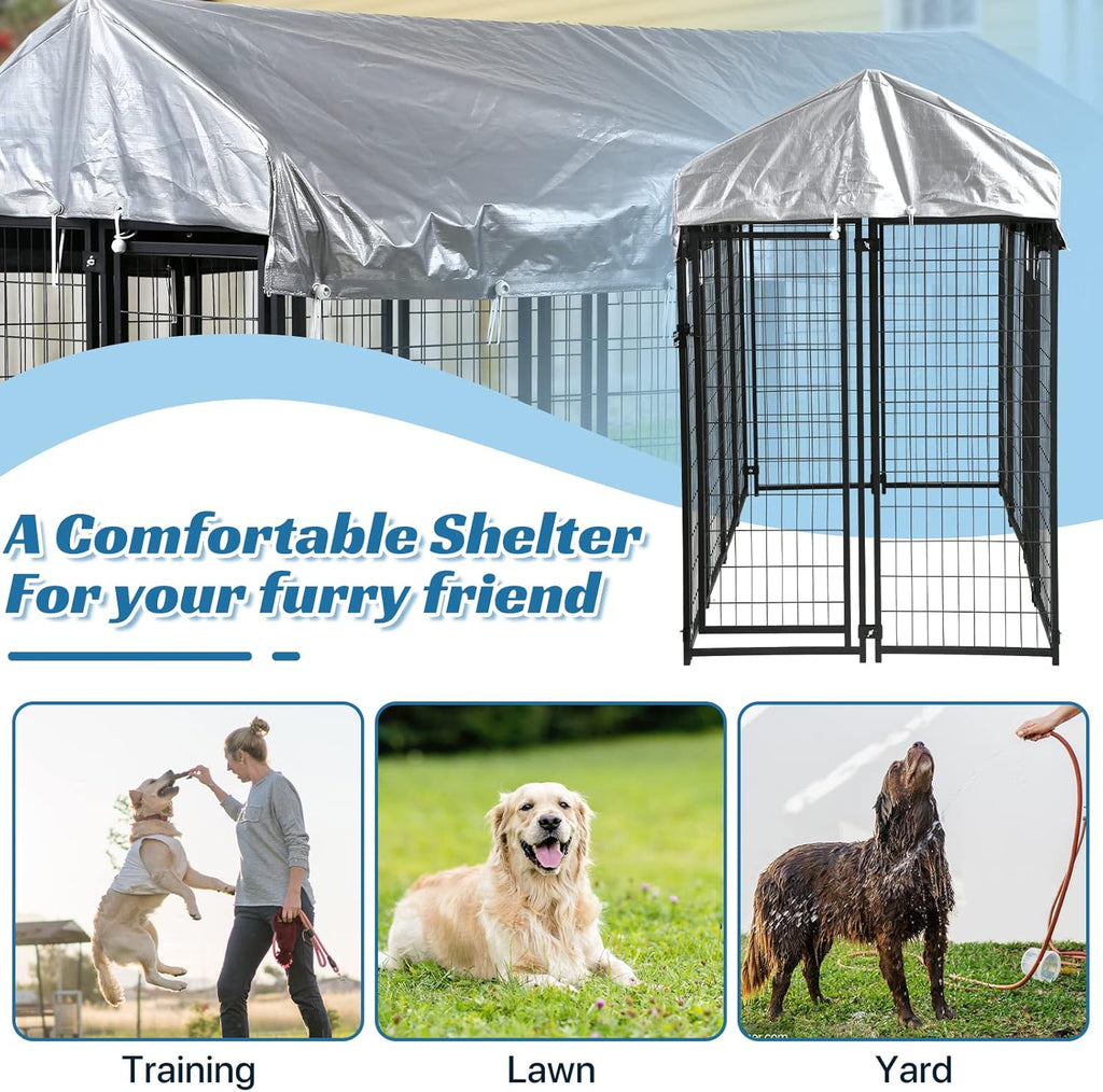 Large Dog Kennel Outdoor 8'L X 4'W X 6'H, Extra Large Welded Wire Pet Cage Playpen with UV Protection Waterproof Roof Heavy Duty Galvanized Metal Dog Run Enclosure for Outside