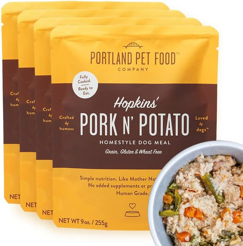 Portland Pet Food Company Hopkin'S Pork 'N' Potato All Natural Dog Food, Fully Cooked Microwavable Meal Pouches, Grain & Gluten-Free, USA Made, 4 Pack (4 X 9Oz)