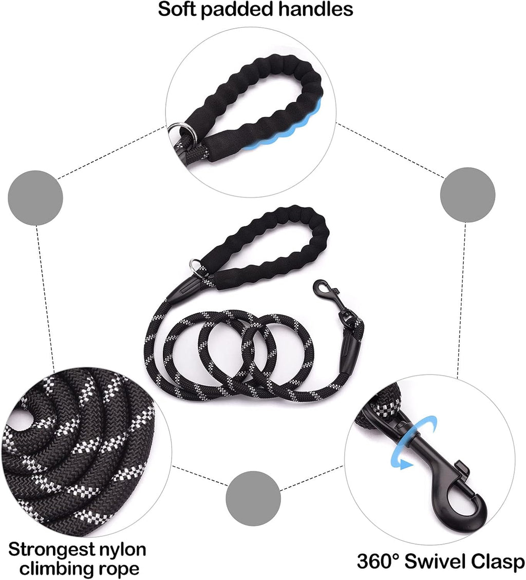 Reflective Rope Dog Leash 5 FT / 6 FT Non Slip with Padded Handle for Small Medium Large Dogs - 5FT Black