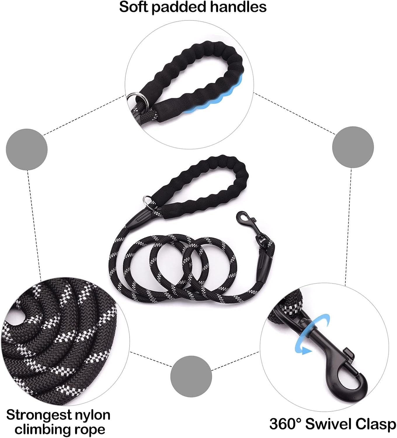 Reflective Rope Dog Leash 5 FT / 6 FT Non Slip with Padded Handle for Small Medium Large Dogs - 5FT Black