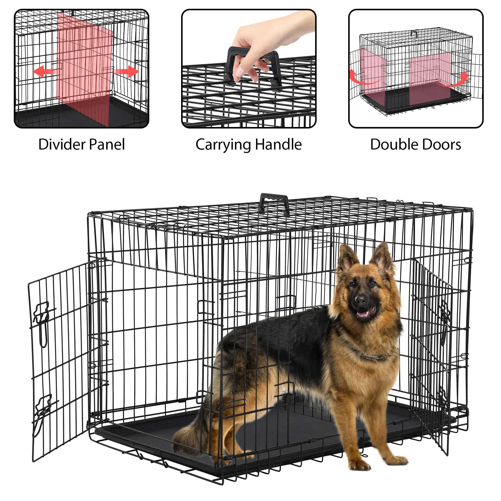 42 Inch Jaula Para Perro, Jaulas Y Perreras Plegables Grandes Para Perros Grandes Con Asa, Jaula Para Perro De Alambre Metálico De Doble Puerta Para Exteriores Con Bandeja De Plástico Para Perros Medianos, Negro